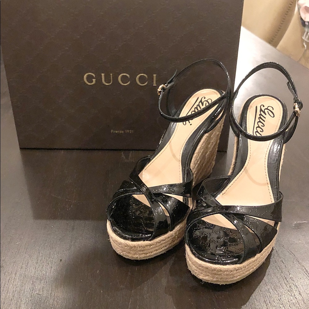 Gucci Black Patent Wedge Espadrille 6 1/2, W/ Box